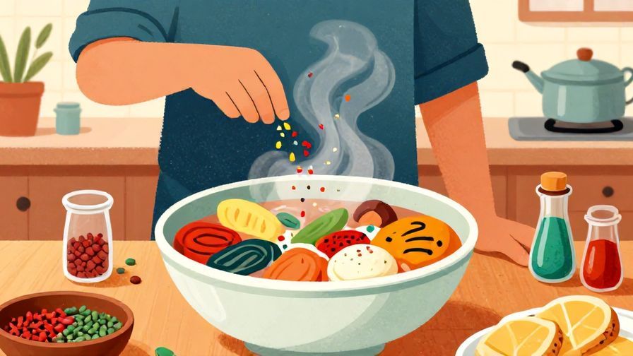 Illustration of a person sprinkling colorful spices over a steaming bowl of food, surrounded by lively kitchen elements, vibrant colors, illustrated style
