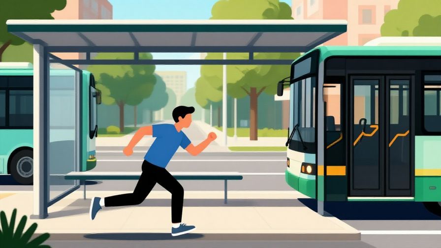 Illustration of a person sprinting toward a bus stop, bus doors opening, bright afternoon colors