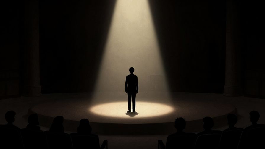 Illustration of a person standing alone on a stage spotlighted, shadowy audience around