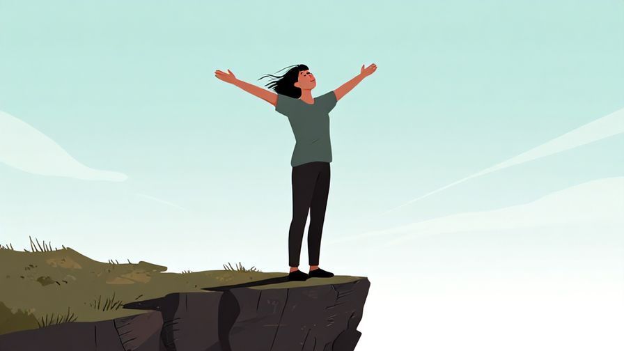 Illustration of a person standing at a cliff edge, arms wide open facing the wind, expression of freedom and contentment