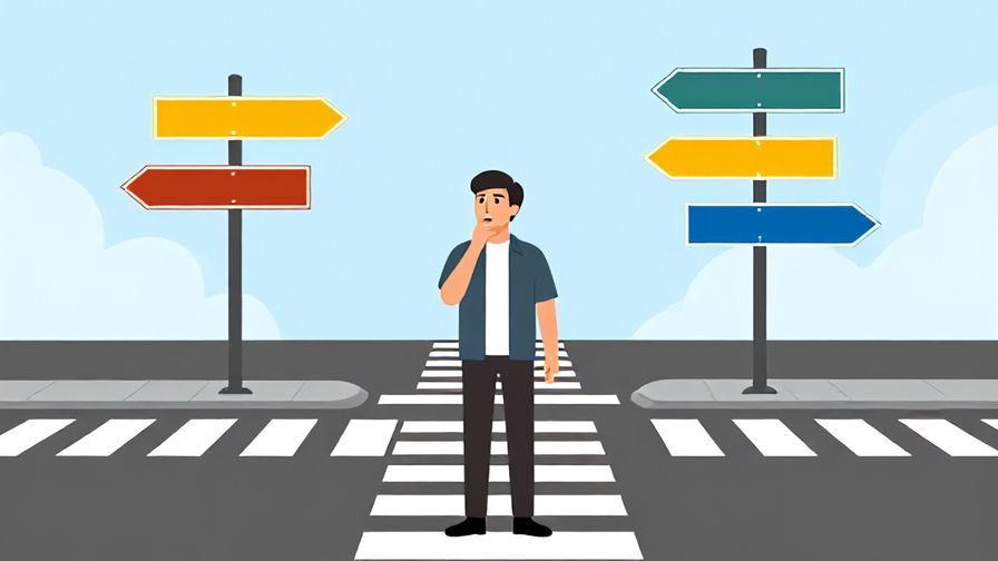 Illustration of a person standing at a crossroads with multiple signs pointing different ways, looking unsure but thoughtful