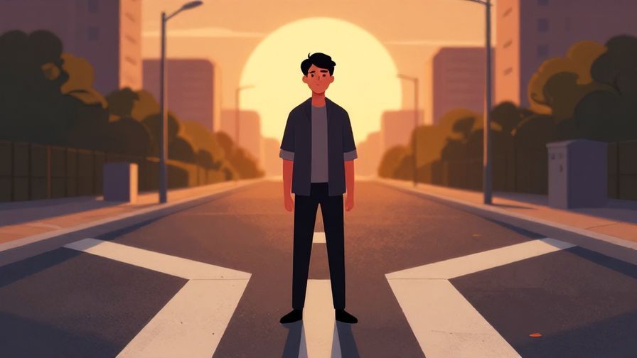 Illustration of a person standing at a crossroads, determined expression, sunset lighting, with shadows lengthening