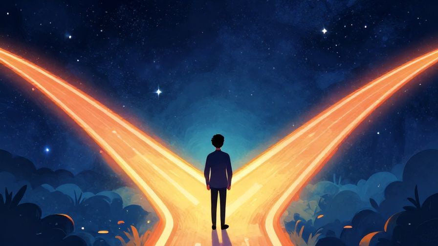 Illustration of a person standing at a crossroads with two glowing paths under a starry sky, showing a sense of destiny and choice, vibrant colors, illustrated style
