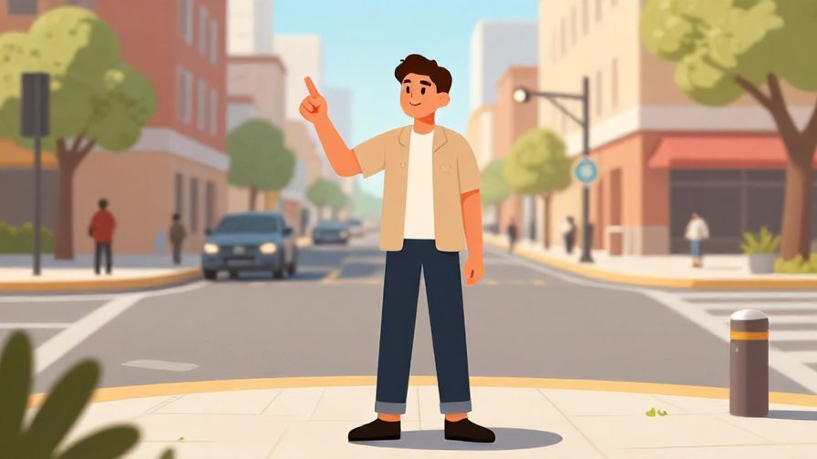 Illustration of a person standing at a street corner with a confident smile, pointing straight ahead, sunny urban environment