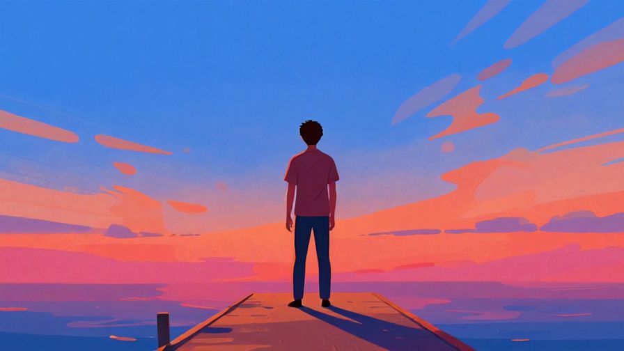 Illustration of a person standing at the edge of a pier, looking at the horizon with resolve, vibrant colors, illustrated style