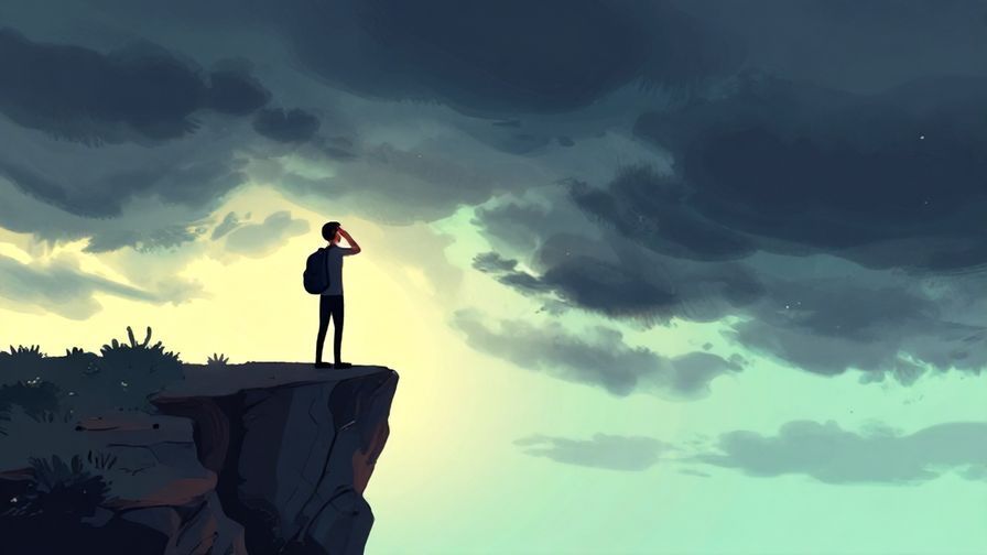 Illustration of a person standing at the edge of a cliff looking overwhelmed, with a stormy sky background, vibrant colors