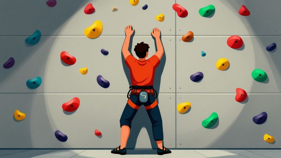 Illustration of a person standing before a large, intimidating wall, preparing to climb, with a calm and focused expression, vibrant colors, illustrated style