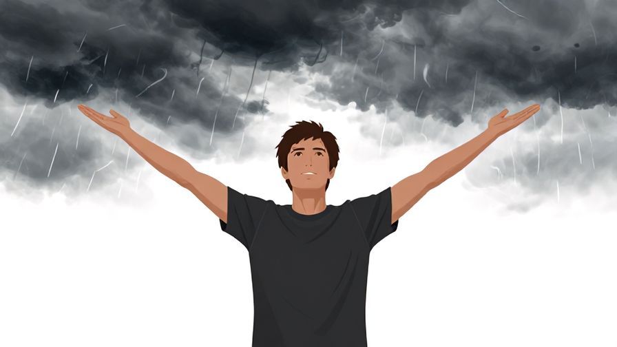 Illustration of a person standing boldly in front of a storm, arms wide open, facing forward confidently