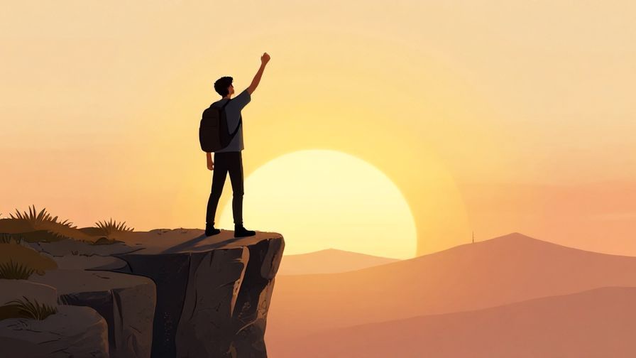 Illustration of a person standing bravely on a cliff edge facing a sunrise, embodying courage and hope