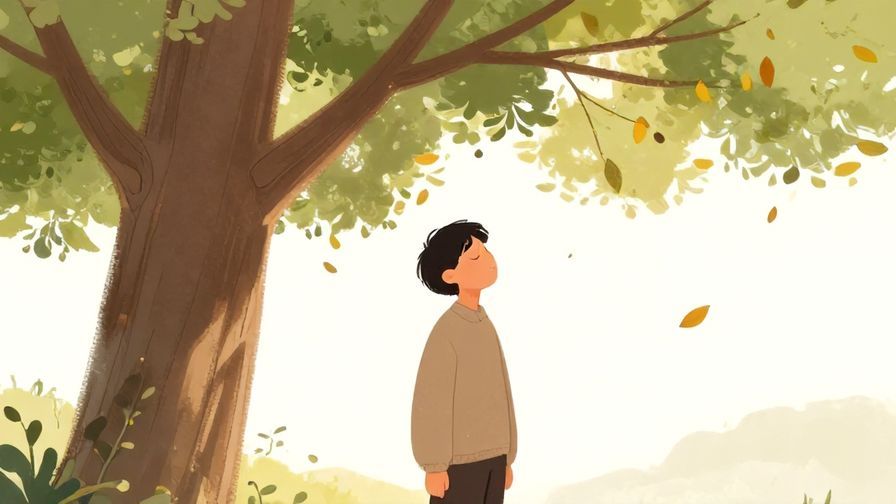 Illustration of a person standing calmly under a tree with falling leaves, eyes closed in peaceful acceptance, soft light filtering through branches