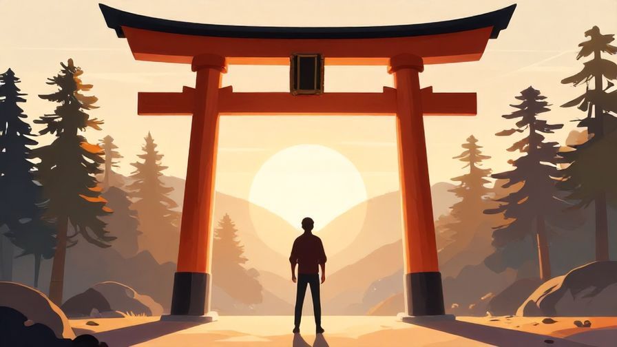 Illustration of a person standing confidently beneath a large torii gate at sunrise, a sense of purpose and acceptance in the air