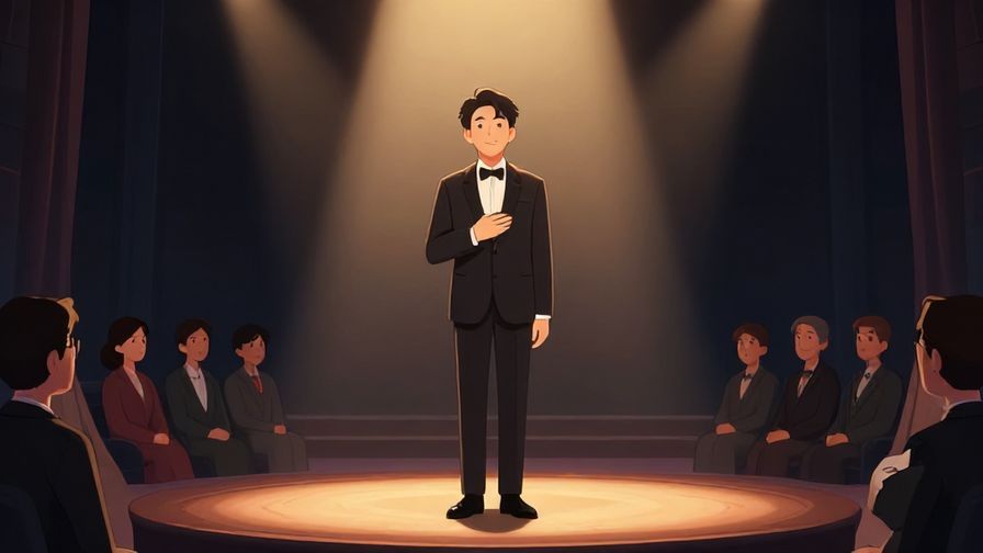 Illustration of a person standing confidently on a stage, politely addressing an audience with a gentle smile, elegant lighting