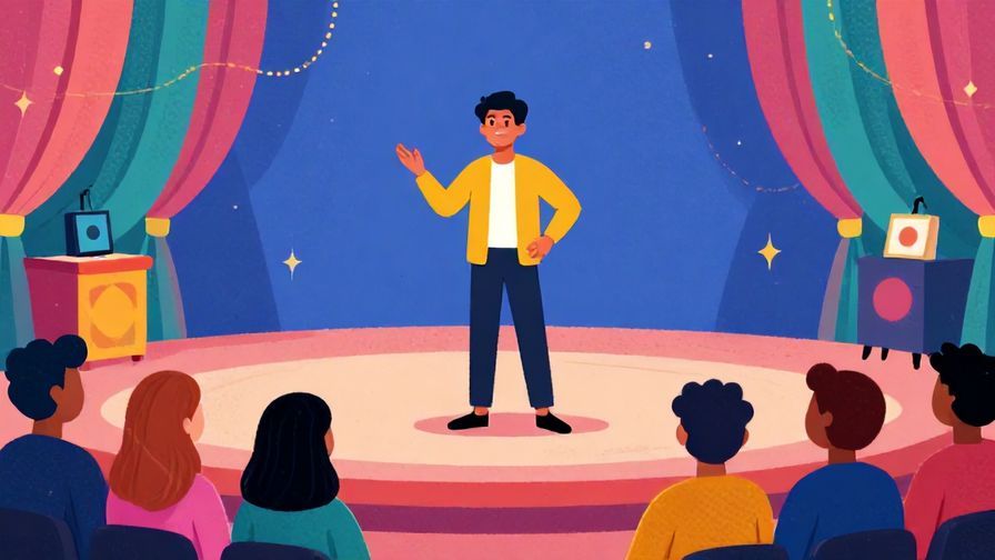 Illustration of a person standing confidently on a stage with an audience, about to make an important announcement, vibrant colors, illustrated style
