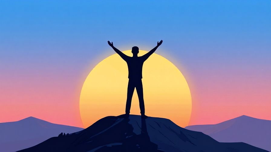Illustration of a person standing confidently on a mountaintop with sunrise, symbolizing major transformation, vibrant colors