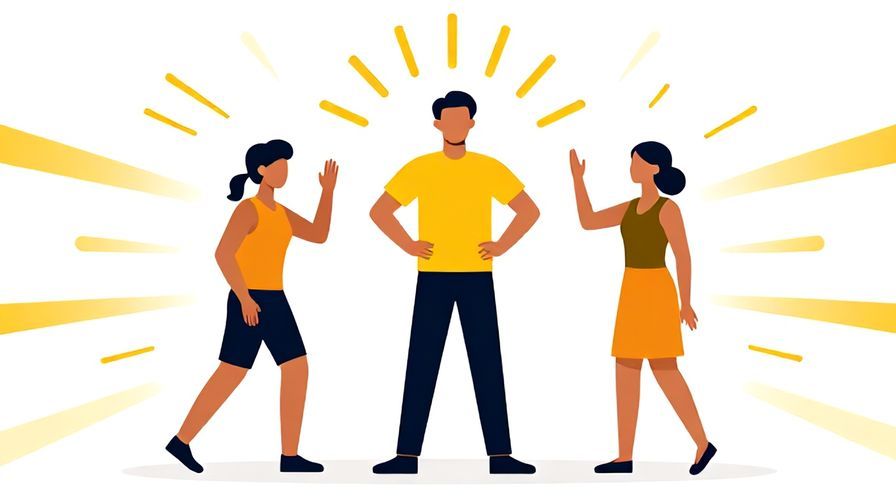 Illustration of a person standing confidently with another by their side, surrounded by sun rays and dynamic curved lines