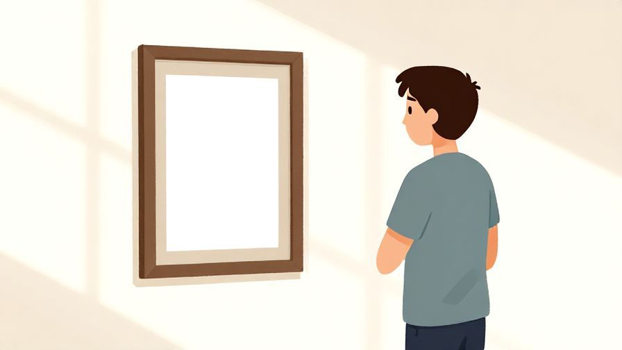Illustration of a person standing confused in front of a slightly crooked picture frame, bright room, soft shadows, illustrated style