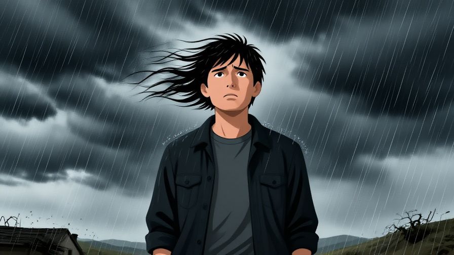 Illustration of a person standing firm against a storm with wind and rain, unwavering expression, dramatic sky background