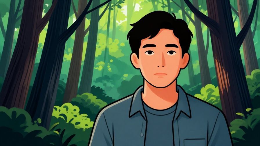 Illustration of a person standing firm in front of a dark forest with a calm, resolute expression, detailed background, vibrant colors, illustrated style