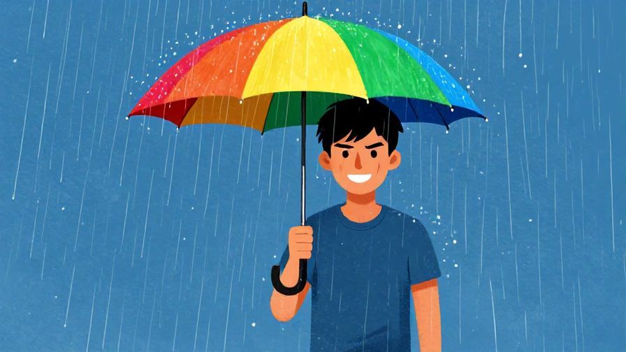 Illustration of a person standing firm in rain with a determined smile, colorful umbrella closed beside them, vibrant colors, illustrated style