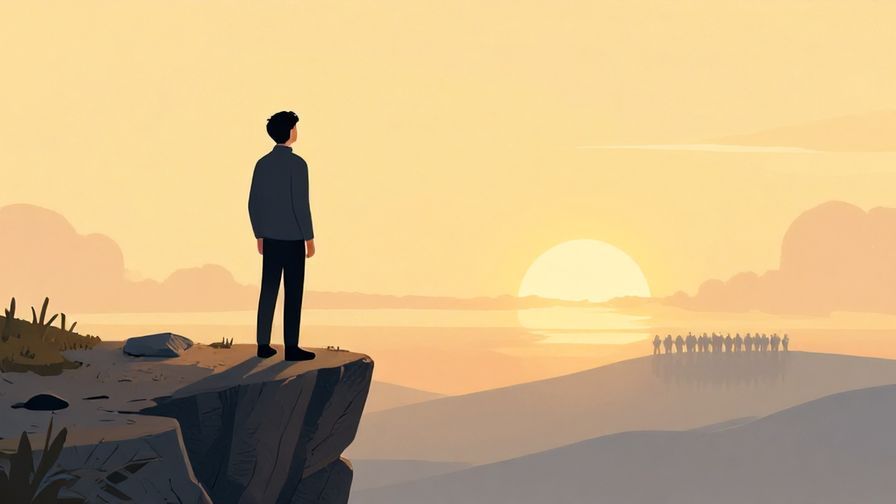 Illustration of a person standing firm on a cliff edge looking toward a distant enemy, with a rising sun behind, symbolizing hope and certainty