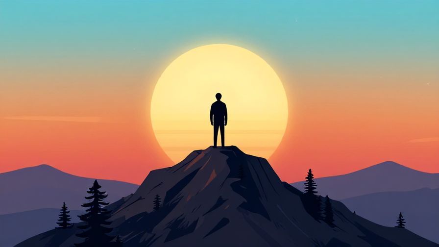 Illustration of a person standing firm on a mountain peak with a sunrise, symbolizing firm resolve, vibrant natural colors