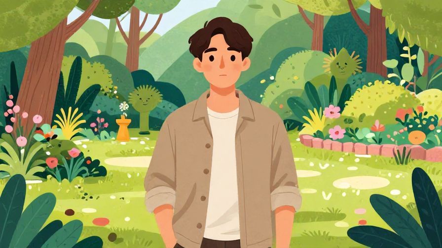 Illustration of a person standing firm with a calm expression in a serene garden, detailed background, vibrant colors, illustrated style