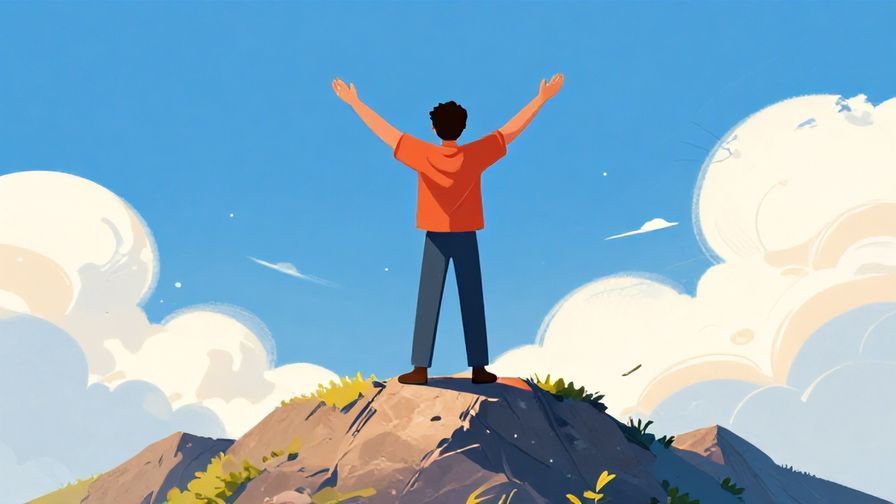 Illustration of a person standing firmly on a mountain peak with arms stretched wide, symbolizing absolute certainty, bright daylight, vibrant colors
