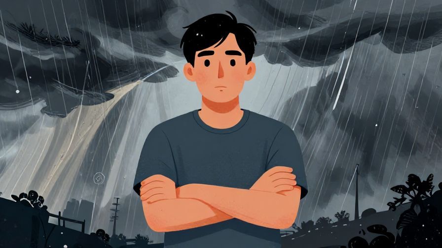 Illustration of a person standing firmly with arms crossed, a confident expression, facing a storm but unshaken, detailed background, vibrant colors, illustrated style