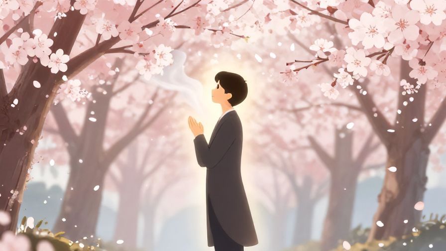 Illustration of a person standing in a gentle breeze with cherry blossoms falling, a soft glowing aura around, formal and respectful tone