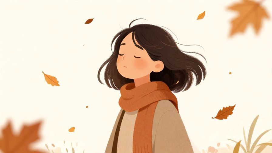 Illustration of a person standing in a gentle breeze with autumn leaves swirling around, eyes closed, peaceful yet firm expression