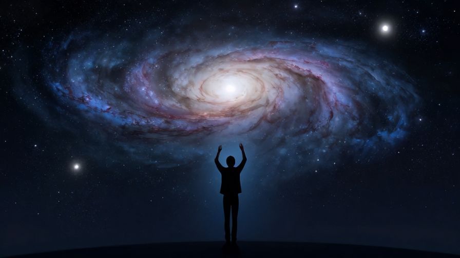 Illustration of a person standing in awe beneath a vast starry sky with swirling galaxies, expressing wonder and humility