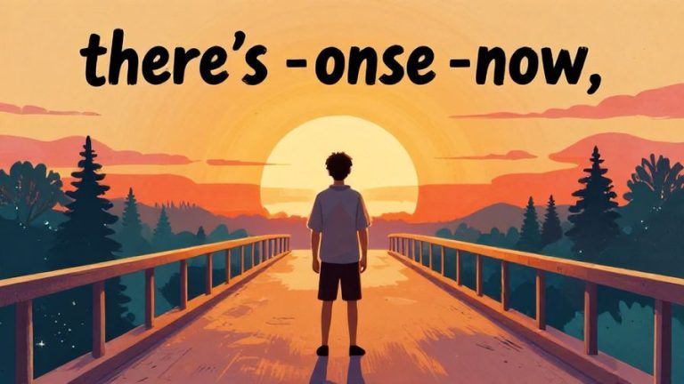 Illustration of a person standing on a bridge at sunrise, looking determined with a clear path ahead, symbolizing the idea of “there’s only now,” vibrant colors, illustrated style