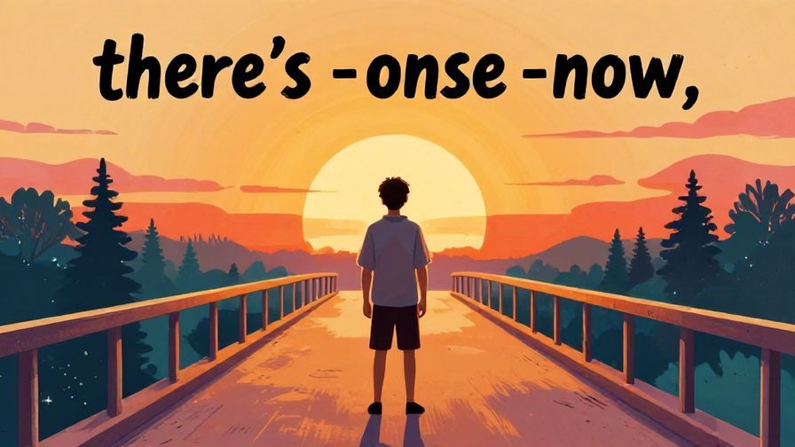 Illustration of a person standing on a bridge at sunrise, looking determined with a clear path ahead, symbolizing the idea of “there’s only now,” vibrant colors, illustrated style