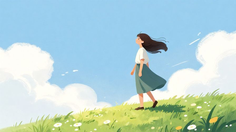 Illustration of a person standing on a hill with hair and clothes flowing in a gentle breeze, fresh and inspiring scene