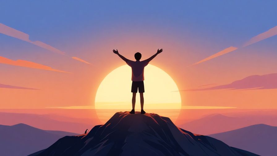 Illustration of a person standing on a mountain peak with arms wide open, sunrise and vibrant sky