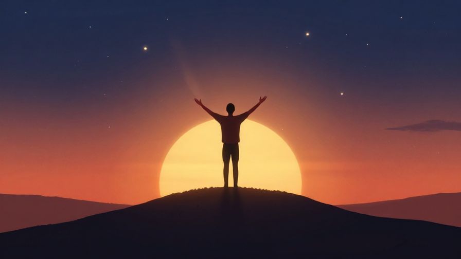Illustration of a person standing on top of a hill at sunset, arms stretched out, surrounded by glowing stars and a warm breeze