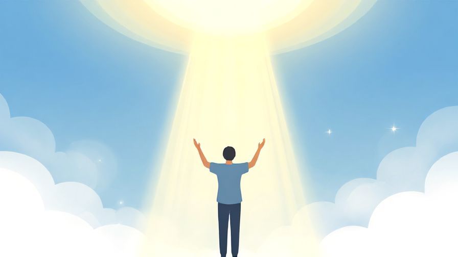 Illustration of a person standing peacefully under a radiant sky with beams of light shining down, symbolizing divine destiny