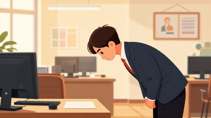 Illustration of a person standing politely in an office setting, preparing to leave with a respectful bow, detailed background, warm indoor lighting, vibrant colors, illustrated style