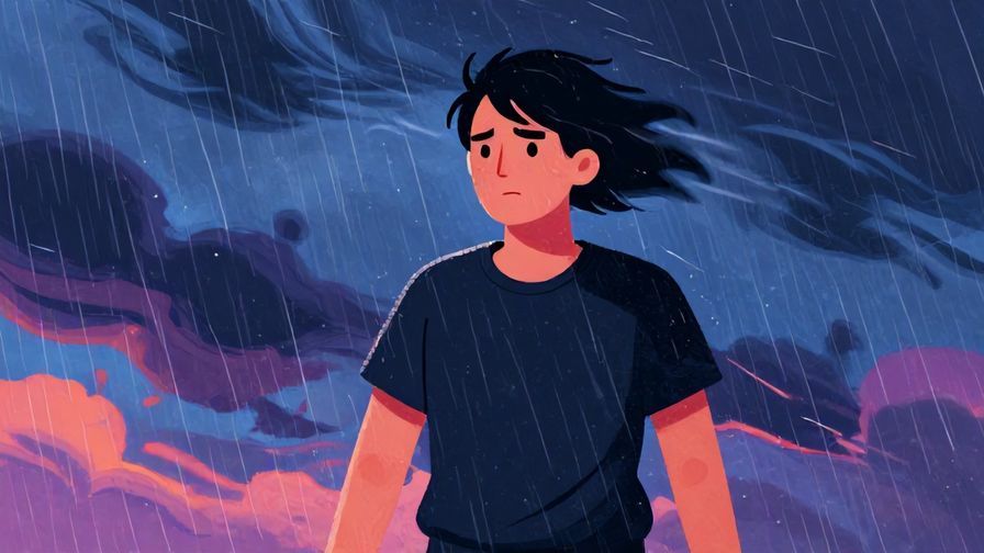 Illustration of a person standing strong in wind and rain, determined expression, vibrant stormy background