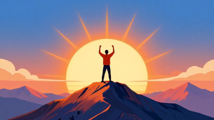 Illustration of a person standing strong on a mountain peak with the sunrise behind, symbolizing strength and vitality, vibrant colors, illustrated style