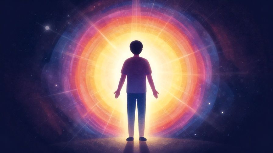 Illustration of a person standing tall with bright, colorful aura radiating around them, symbolizing big positive change