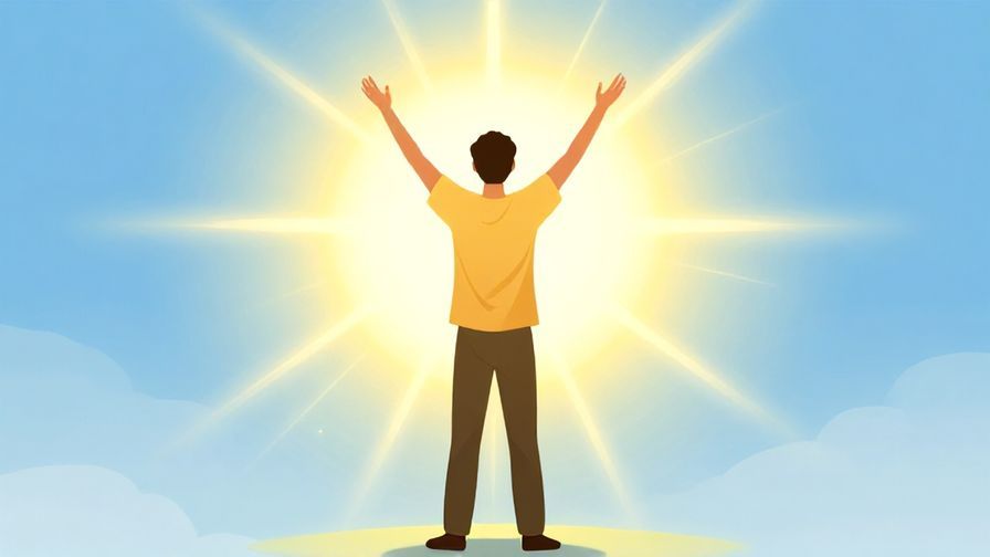 Illustration of a person standing tall with glowing light rays around them, expressing confidence, bright sunny background