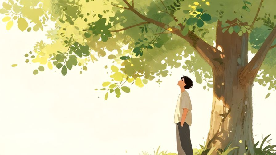 Illustration of a person standing under a tree, looking hopeful with soft sunlight filtering through leaves