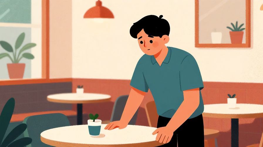 Illustration of a person standing up from a table, looking apologetic but determined to leave, indoor café background, vibrant colors, illustrated style