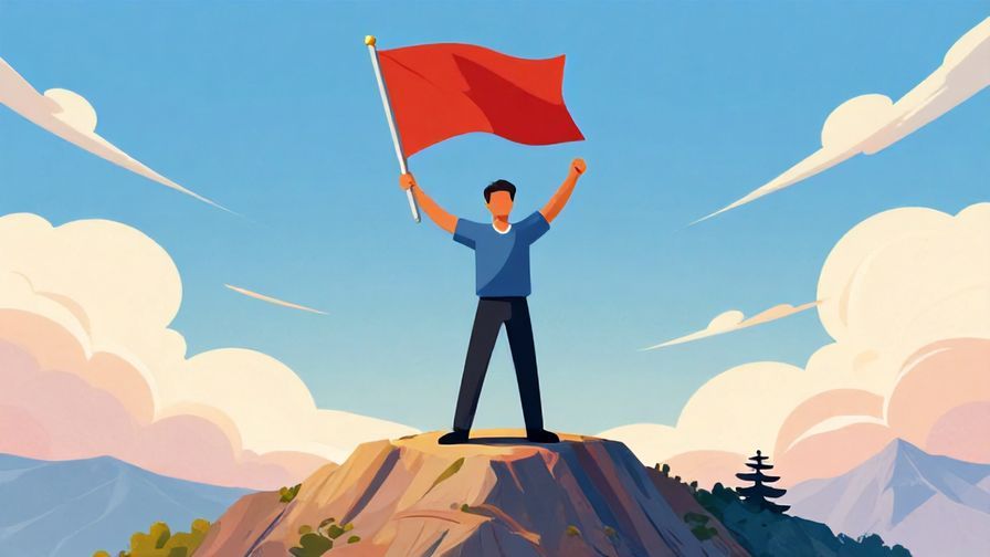 Illustration of a person standing victoriously on a mountain summit with a flag, in a professional yet triumphant pose, bright sky, detailed background, vibrant colors, illustrated style