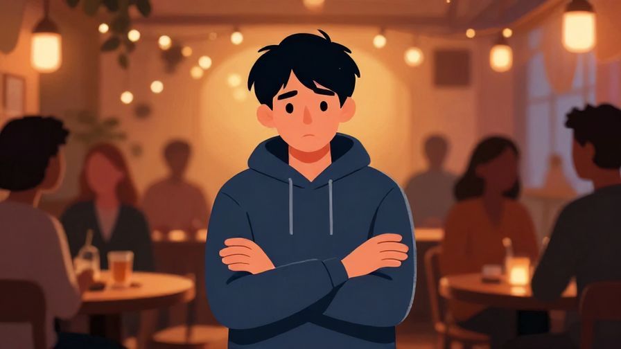 Illustration of a person standing with arms crossed, looking cold and detached at a warm, lively party