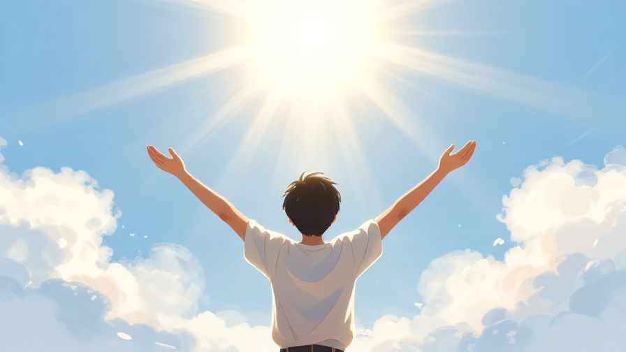 Illustration of a person standing with arms wide open under a bright sky with rays of sunshine and soft clouds, feeling blessed and joyful