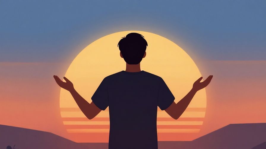 Illustration of a person standing with open arms welcoming a challenge, with an exciting sunset background