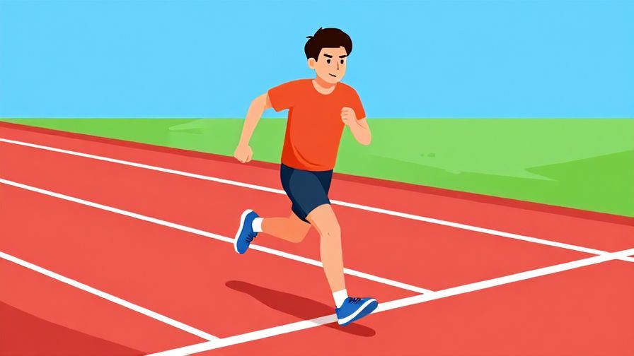 Illustration of a person stepping back just before a finish line with a nervous smile, vibrant colors
