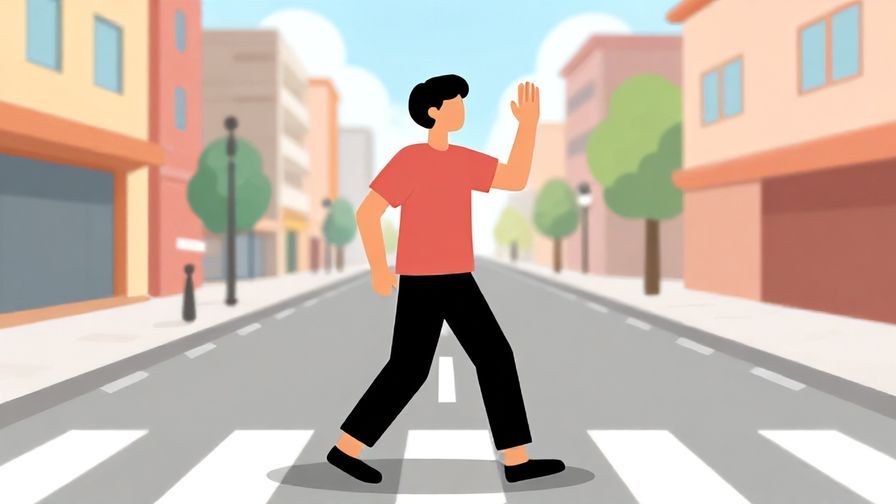 Illustration of a person stepping back with hands raised to keep distance, urban street background, bright colors, illustrated style